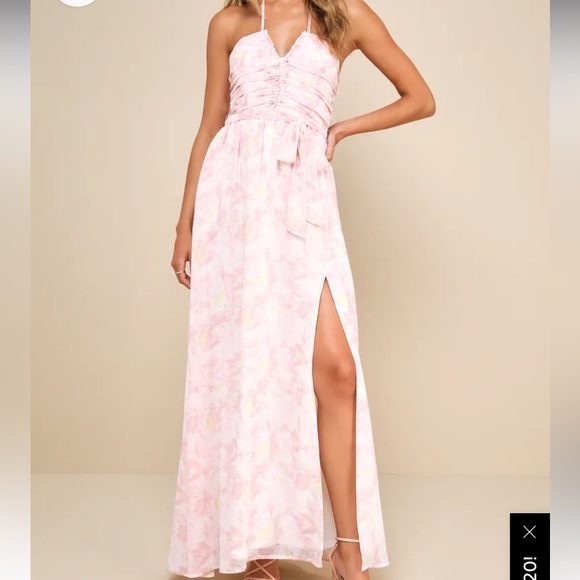 LULU’s Effortlessly Abloom Light Pink Floral Ruched Halter Maxi Dress - Picture 2 of 6